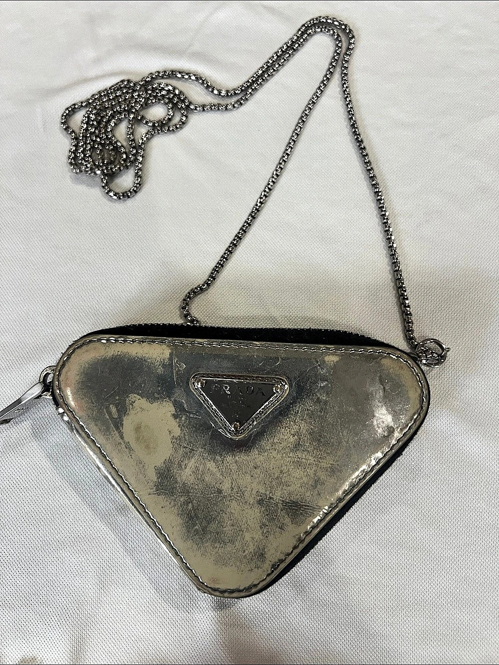 Prada Spazzolato Mini Triangle Chain Crossbody Pouch Silver & Black